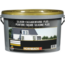 Kunststoffeimer mit Silikon Fassadenfarbe Plus für Außenanstriche inklusive Hornbach Logo und Farbmischcenter Logo.