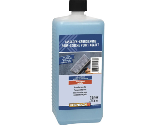 HORNBACH Fassaden-Grundierung mit farbiger Auftragskontrolle, tiefenwirksam und verfestigend, 1 Liter Flasche für 6 Quadratmeter.