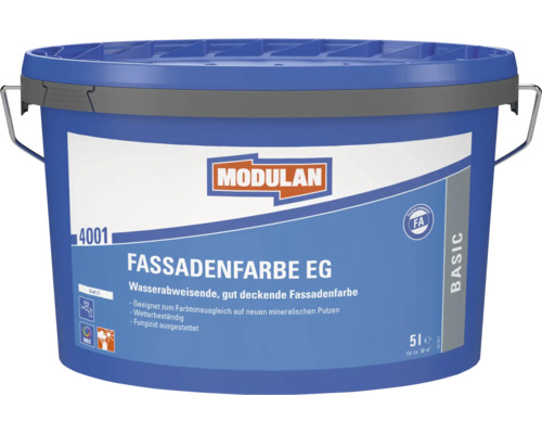 Modulan Fassadenfarbe EG Basic, 5 Liter Eimer, wasserabweisende und wetterbeständige Fassadenfarbe für mineralische Untergründe