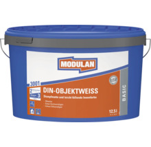 Modulan DIN Objektweiss Innenfarbe in einem 12,5 Liter Eimer für stumpfmatte Wandanstriche mit gutem Deckvermögen.