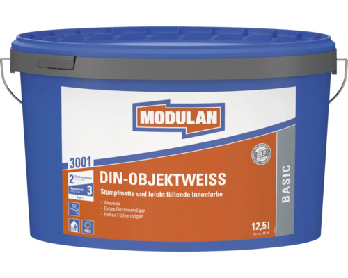 Modulan DIN Objektweiss Innenfarbe in einem 12,5 Liter Eimer für stumpfmatte Wandanstriche mit gutem Deckvermögen.