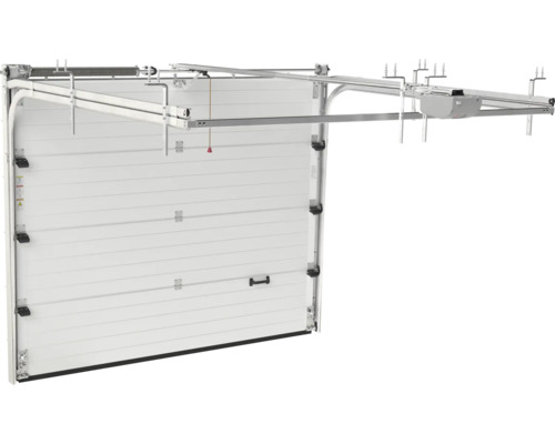 Porte sectionnelle avec motorisation de plafond automatique et rails de guidage pour installation dans le garage.