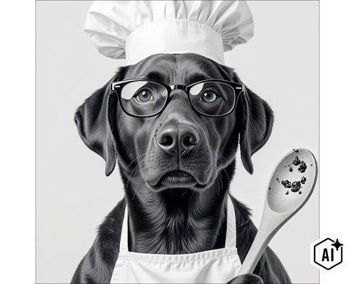 Hund mit Kochmütze, Brille und Schürze hält einen Holzlöffel (Image AI modified or generated)