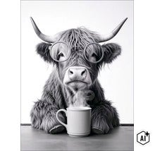 Ein zotteliges Hochlandrind mit einer Brille und einer dampfenden Tasse Kaffee am Tisch. (Image AI modified or generated)