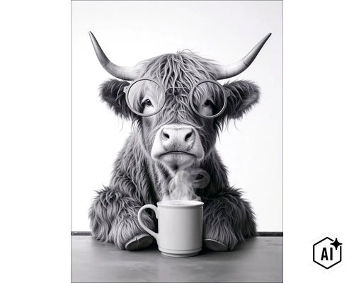 Ein zotteliges Hochlandrind mit einer Brille und einer dampfenden Tasse Kaffee am Tisch. (Image AI modified or generated)