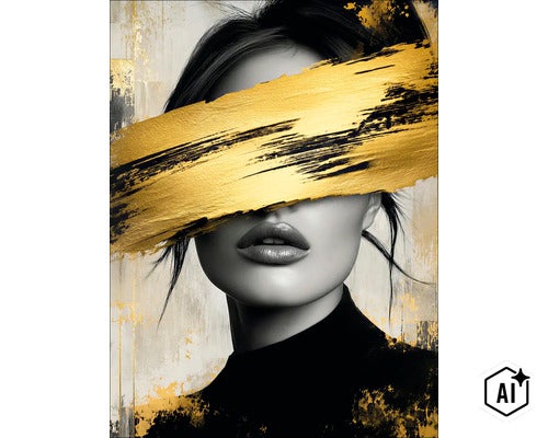 Wandbild Porträt einer Frau mit abstraktem Pinselstrich über den Augen, Leinwanddruck in modernem Stil (Image AI modified or generated)