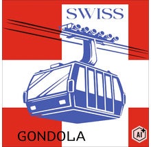 Grafik einer Seilbahngondel vor der Schweizer Flagge mit dem Schriftzug Swiss Gondola (Image AI modified or generated)