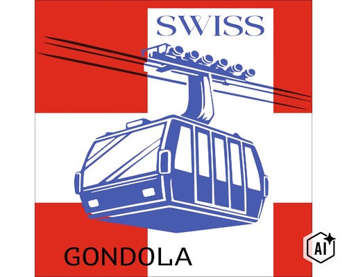 Grafik einer Seilbahngondel vor der Schweizer Flagge mit dem Schriftzug Swiss Gondola (Image AI modified or generated)