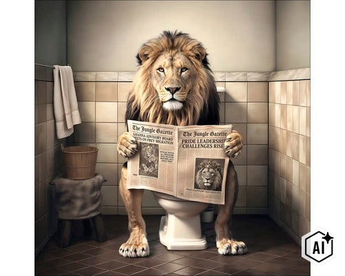 Ein Löwe sitzt auf einer Toilette in einem gefliesten Badezimmer und liest eine Zeitung. (Image AI modified or generated)