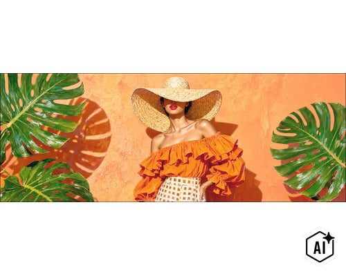 Frau mit grossem Strohhut und gerüschter Bluse vor einer strukturierten Wand, flankiert von grossen Monstera-Pflanzenblättern bei warmem Licht. (Image AI modified or generated)
