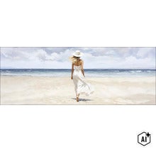 Wandbild mit einer Frau im Sommerkleid am Strand bei bewölktem Himmel im Panoramaformat. (Image AI modified or generated)