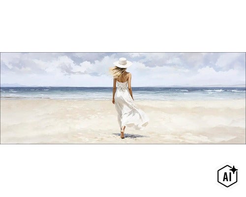 Wandbild mit einer Frau im Sommerkleid am Strand bei bewölktem Himmel im Panoramaformat. (Image AI modified or generated)