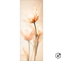 Wandbild mit Motiv von drei zarten Tulpenblüten, künstlerische Fotografie als moderne Wanddekoration. (Image AI modified or generated)