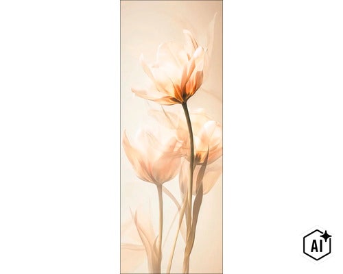 Wandbild mit Motiv von drei zarten Tulpenblüten, künstlerische Fotografie als moderne Wanddekoration. (Image AI modified or generated)