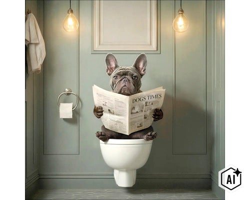 Französische Bulldogge sitzt auf einer Wand-WC-Schüssel in einem modern gestalteten Badezimmer mit Wandleuchten. (Image AI modified or generated)