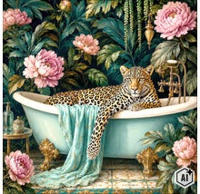 Freistehende Badewanne auf Füssen in einem Badezimmer mit Blumenmuster Tapete und einem Leopard Motiv. (Image AI modified or generated)