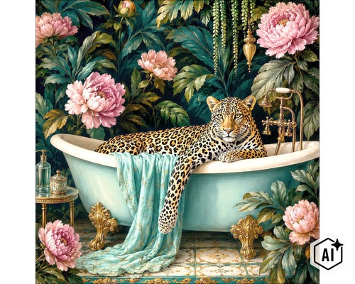 Freistehende Badewanne auf Füssen in einem Badezimmer mit Blumenmuster Tapete und einem Leopard Motiv. (Image AI modified or generated)