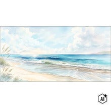 Aquarellbild eines sonnigen Strandes mit sanften Wellen, Dünengras im Vordergrund und einem bewölkten Himmel. (Image AI modified or generated)