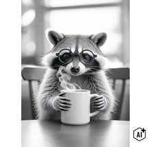 Ein Waschbär trägt eine Brille und hält eine dampfende Tasse Kaffee an einem Tisch. (Image AI modified or generated)