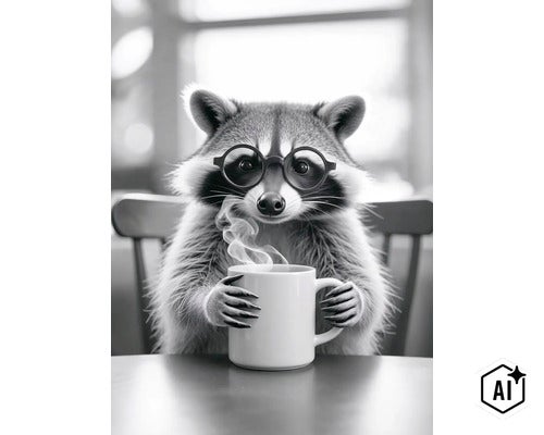 Ein Waschbär trägt eine Brille und hält eine dampfende Tasse Kaffee an einem Tisch. (Image AI modified or generated)