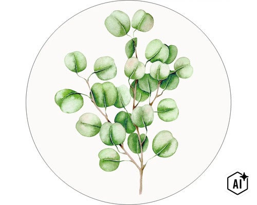 Illustration aquarelle d une branche d eucalyptus avec des feuilles rondes dans un cercle (Image AI modified or generated)