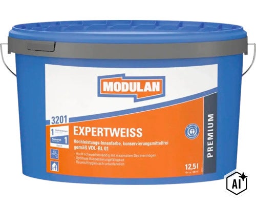 Peinture intérieure Modulan Expertweiss en seau de 12,5 litres pour la décoration murale avec un pouvoir couvrant élevé. (Image AI modified or generated)