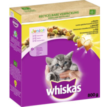 Aliment sec pour chaton Whiskas Junior au poulet et au lait, paquet de 800 grammes.