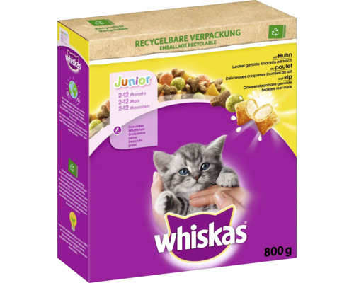 Whiskas Junior Katzentrockenfutter mit Huhn und Milch, 800 Gramm Verpackung.
