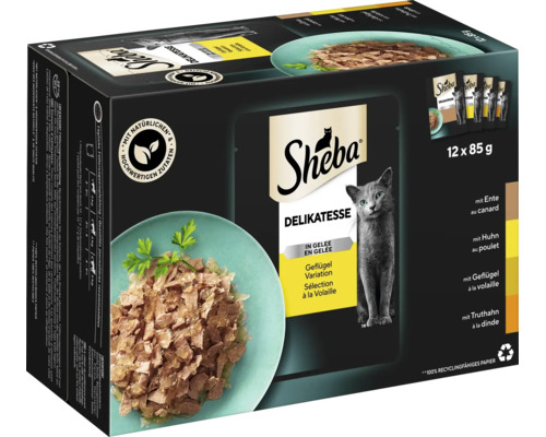 Sheba Delikatesse Geflügel Variation Nassfutter für Katzen in Gelee, 12 Beutel à 85 Gramm