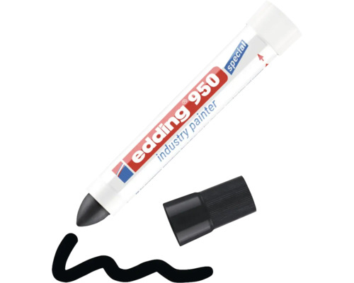 Edding 950 Industrielackmarker mit abgenommener Kappe und gezeichneter Wellenlinie