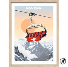 Gerahmtes Wandbild mit einer Illustration eines Skilifts mit Schweizer Flagge vor einer Bergkulisse im Vintage Stil (Image AI modified or generated)