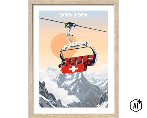Gerahmtes Wandbild mit einer Illustration eines Skilifts mit Schweizer Flagge vor einer Bergkulisse im Vintage Stil (Image AI modified or generated)