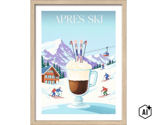Gerahmtes Wandbild mit Après Ski Motiv im Retro Stil mit einer Tasse Heißgetränk, Skifahrern und Bergkulisse. (Image AI modified or generated)