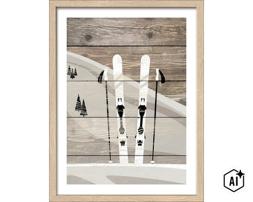 Wandbild mit Motiv von Skiern und Skistöcken vor einer stilisierten Winterlandschaft auf Holzoptik im Rahmen. (Image AI modified or generated)