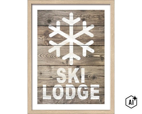 Wandbild mit Schneeflocken Motiv und Aufschrift Ski Lodge im Holzrahmen im rustikalen Stil (Image AI modified or generated)