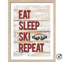 Gerahmtes Wandbild mit Schriftzug Eat Sleep Ski Repeat und Skibrillen Motiv auf Holzoptik Hintergrund (Image AI modified or generated)