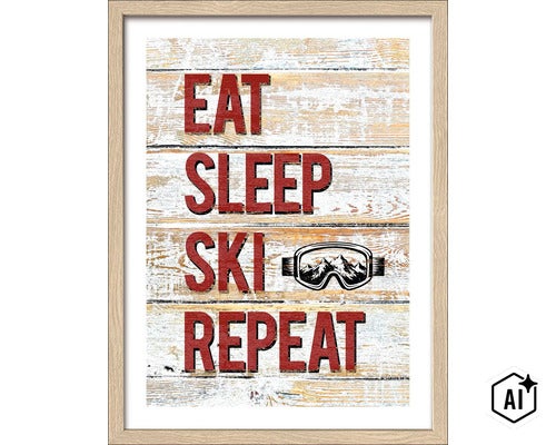 Gerahmtes Wandbild mit Schriftzug Eat Sleep Ski Repeat und Skibrillen Motiv auf Holzoptik Hintergrund (Image AI modified or generated)
