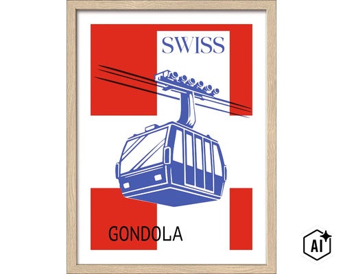 Wandbild mit Motiv einer Schweizer Gondelbahn im Rahmen (Image AI modified or generated)