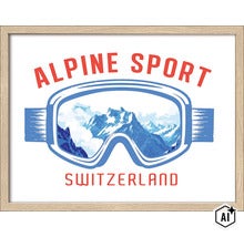 Wandbild mit Skibrille Motiv und Bergpanorama, gerahmt, Schriftzug Alpine Sport Switzerland (Image AI modified or generated)
