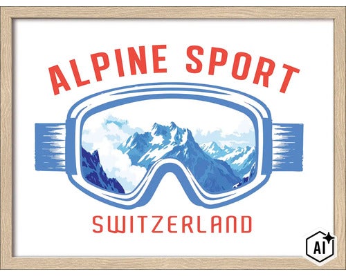 Wandbild mit Skibrille Motiv und Bergpanorama, gerahmt, Schriftzug Alpine Sport Switzerland (Image AI modified or generated)