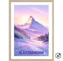 Gerahmtes Wandbild mit Matterhorn Illustration in Winterlandschaft mit Tannenbäumen und Schnee im Holzrahmen. (Image AI modified or generated)