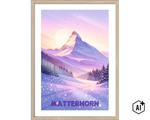 Gerahmtes Wandbild mit Matterhorn Illustration in Winterlandschaft mit Tannenbäumen und Schnee im Holzrahmen. (Image AI modified or generated)