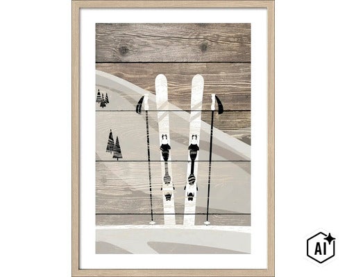 Gerahmtes Wandbild mit einer winterlichen Skiszene auf Holzoptik Hintergrund für eine dekorative Wandgestaltung. (Image AI modified or generated)
