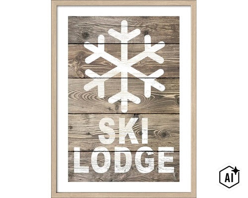 Wandbild mit Schneeflocken Motiv und Aufschrift Ski Lodge auf Holzoptik Hintergrund in Rahmen (Image AI modified or generated)