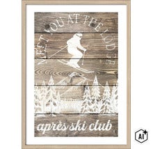 Wandbild mit Motiv eines Skifahrers und Waldlandschaft auf Holzoptik Untergrund gerahmt (Image AI modified or generated)