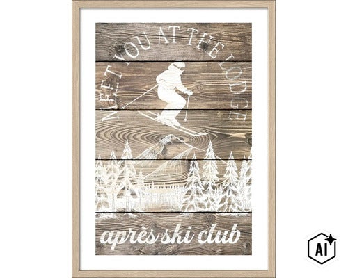 Wandbild mit Motiv eines Skifahrers und Waldlandschaft auf Holzoptik Untergrund gerahmt (Image AI modified or generated)