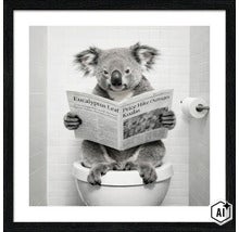 Gerahmtes Wandbild mit einem Koala, der auf einer Toilette sitzt und eine Zeitung liest, vor gefliestem Hintergrund. (Image AI modified or generated)