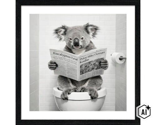Gerahmtes Wandbild mit einem Koala, der auf einer Toilette sitzt und eine Zeitung liest, vor gefliestem Hintergrund. (Image AI modified or generated)