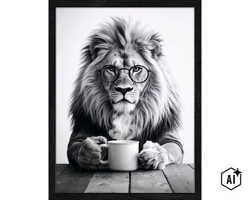 Wandbild mit einem Löwen, der eine Brille trägt und eine Tasse Kaffee hält, in einem schwarzen Rahmen. (Image AI modified or generated)