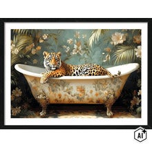 Image murale représentant un tigre dans une baignoire ornée devant un fond floral, dans un cadre noir. (Image AI modified or generated)